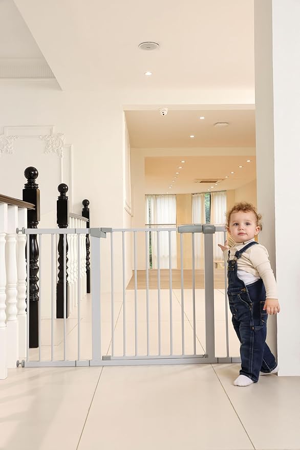 53.46"-55.63" Baby and Pet Safety Gate, 30" Tall Metal Walk-Thru Gate for Doorways & Stairs, Easy One-Hand Open, Dual Lock, Extensions & Wall Mounts Included (White, 29"-54" W x 30.5“H)