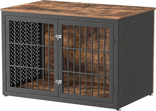 rehomerance 48" Rustic Heavy Duty Dog Crate Furniture for Extra Large Dogs, Metal Kennel for High Anxiety Dogs, Wooden Cage Furniture Indoor, Decorative Dog Kennel End Table, XL