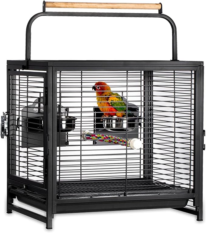 ENGENDER Bird Cage Light Bird Carrier Small Animal Carrier and Feeding Cup Metal Breathable Portable Travel Cage Indoor and Outdoor Suitable for Black Parakeet Cage