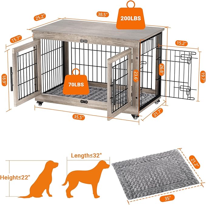 Dog Crate Furniture with Cushion Set of 2, Large Wooden Dog Kennel Indoor with Double Doors, Dog Cage with Wheels, Dog House Side End Table for Large Medium Dogs up to 70 lb, 38.5” L, Grey