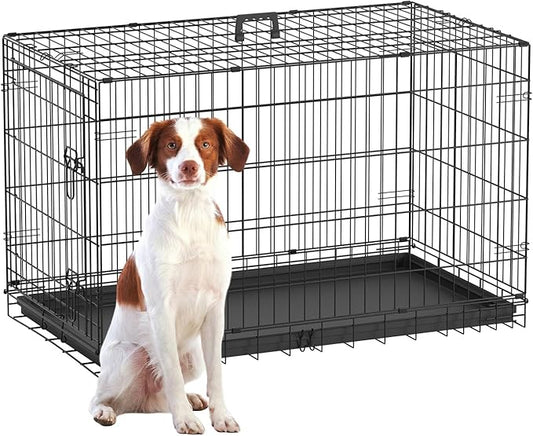 FDW Dog Crate 42-Inch Dog Cage Single Door Foldable Metal Kennel with Leakproof Tray Foldable Design Indoor Outdoor Use for Large Dogs,Dark Black