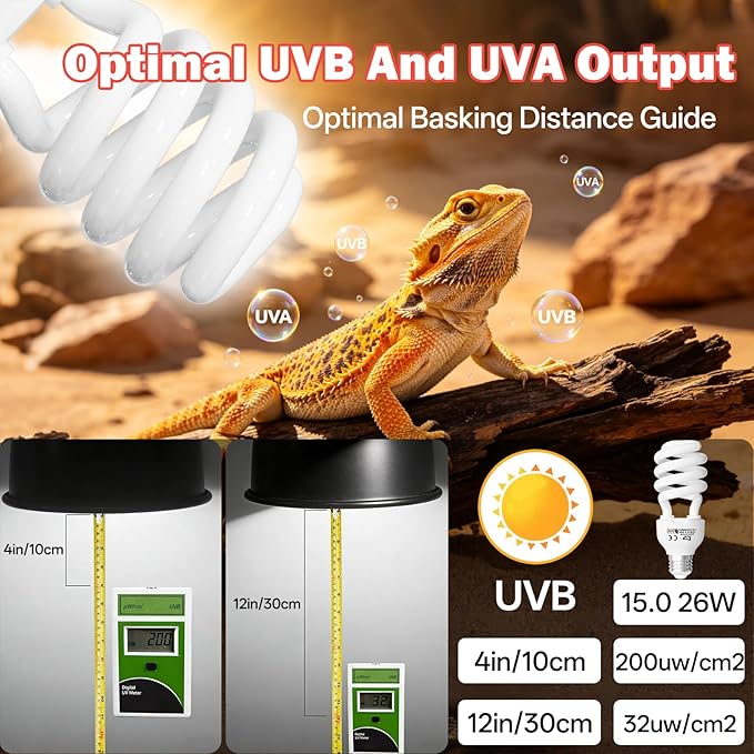 UVB Light for Reptiles 15.0: 26W UVA UVB Reptile Light Bulb for Intense Desert Species - Reptile UVB Light Terrarium Compact Fluorescent Lamp for Reptile and Amphibian with Free UV Sensor Card