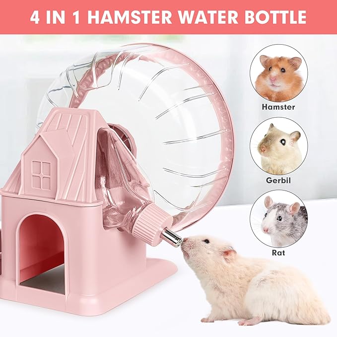 Hamster Toys 4 in 1 Multifunctional Super-Silent Exercise Toys Spinner Wheels with Water Bottle Food Container and Hideout Base Large Spinning Running Wheel for Rat Gerbils Mice (L,Pink)