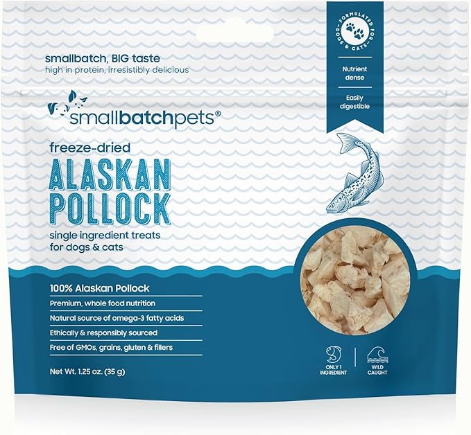 smallbatch Pets Freeze Dried Cat & Dog Treats, 1.25oz - Alaskan Pollock, Organic High Protein Treats, Omega 3 Fatty Acids, Gluten Free, Grain Free, Made in the USA, Ethically Sourced, Single Protein