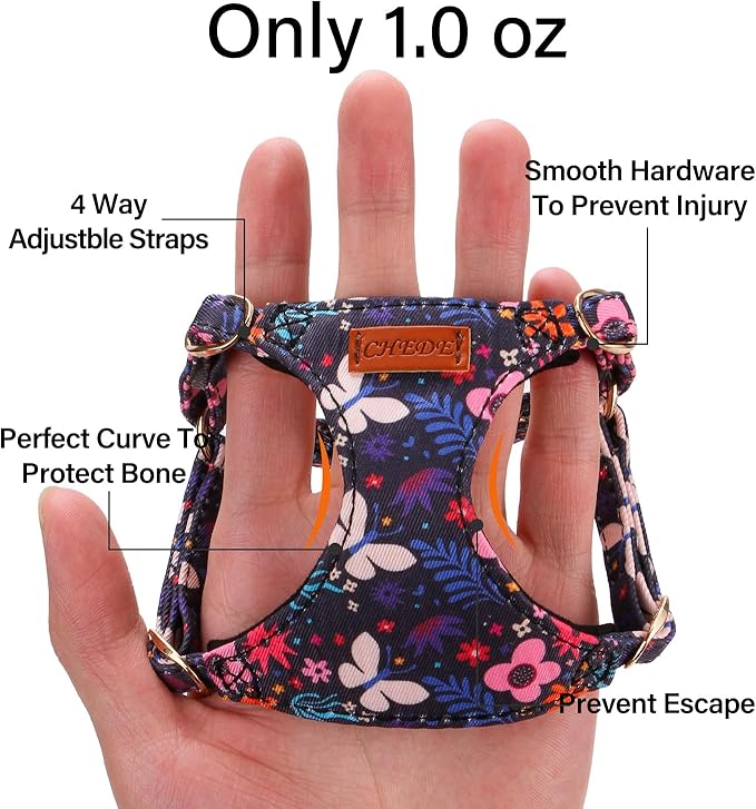 CHEDE No Pull Floral Pattern Dog Harness- Lightweight and Soft Dog Harness, Adjustable Small Dog Harness and Leash Set, with Dog Leash, Suitable for Puppy Small and Medium-Sized Dog