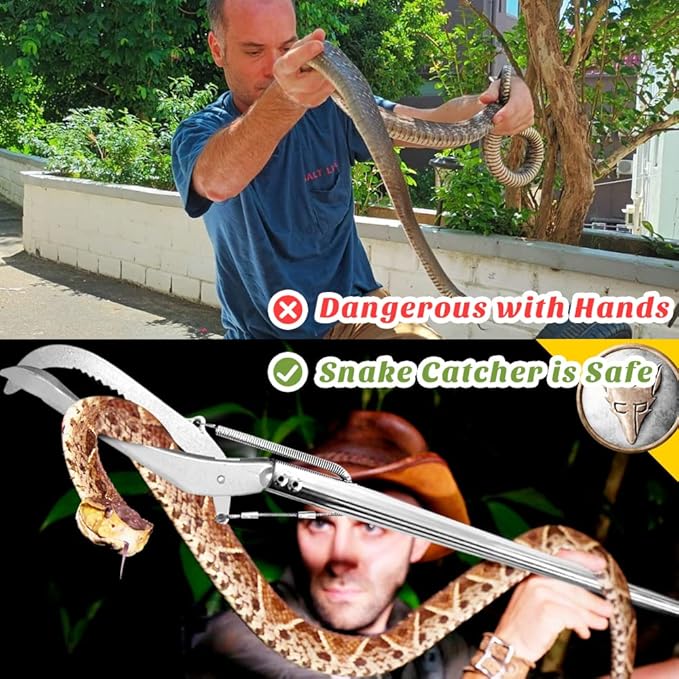 HOMEYA 60" Professional Snake Tongs Extra Long Heavy Duty Reptile Rattle Snake Catcher Wide Jaw Handling Tool Stainless Steel Snake Grabber Outdoor Snake Catcher Tool with Lock, Non-Slip Grip Handle