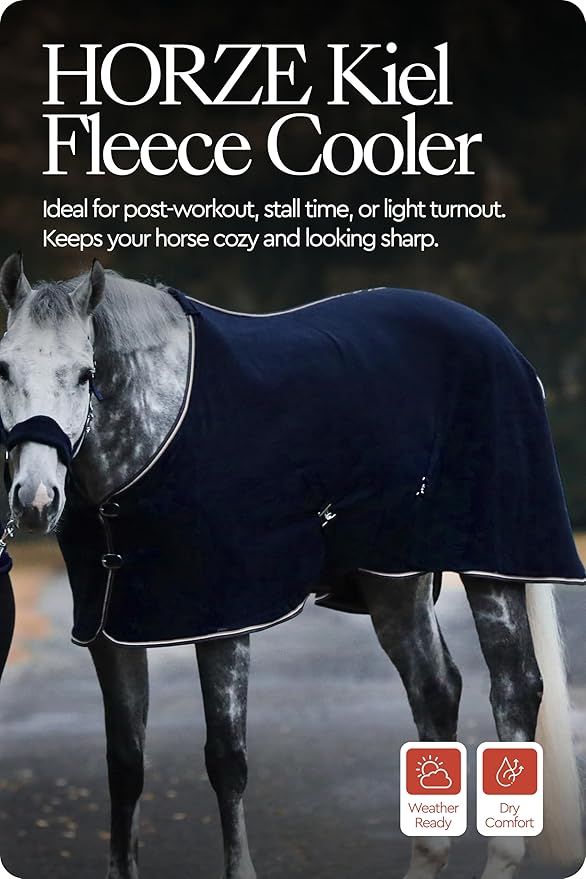 HORZE Kiel Fleece Horse Cooler Blanket | Quick-Dry Fleece Horse Cooler Sheet with X-Surcingles & Tail Cord - Dark Navy - 84 in
