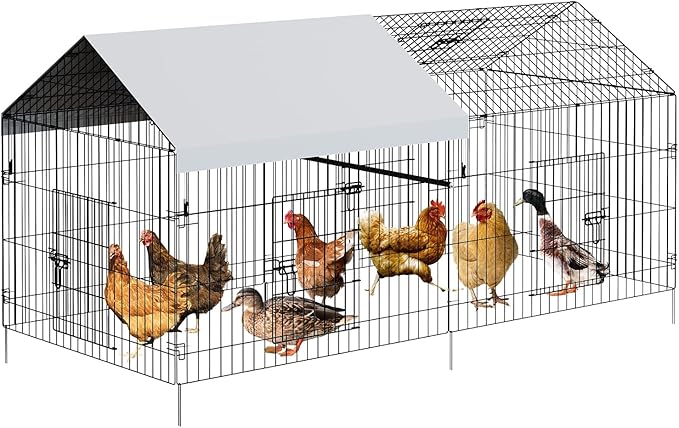 Metal Chicken Coop, Chicken Run for Yard with Cover, Outdoor Metal Chicken Cage with 4 Door and 1 Window for Outside Duck Rabbit Hen, 86"×40"×40"