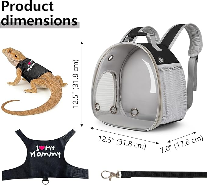 Bearded Dragon Carrier Backpack with Mommy Harness Set, Reptile Lizard Travel Carrier (Black, Mommy Harness)
