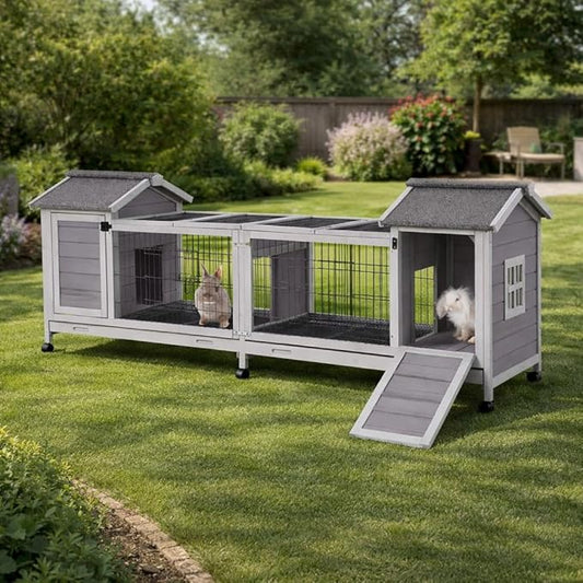 GUTINNEEN Rabbit Hutch Outdoor with Run, Bunny Cage on Wheels, 10.4 ft² Guinea Pig House, No-Leak Pull-Out Trays