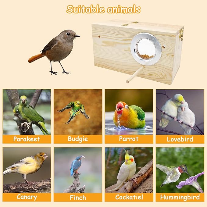 PINVNBY Large Natural Wood Parakeet Nesting Box Budgie Breeding Box Acrylic Bird Nest for Cage Transparent Panoramic for Birds, Parrots, Cockatiels, Lovebirds, Canaries (L: 11.8 x 5.7 x 5.9 inch)