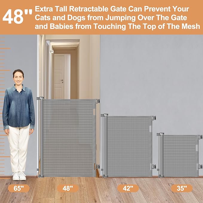 48" Extra Tall Retractable Dog Gate Indoor Prevent Your Baby/Dog/Cat from Jumping Over 55" Wide Extra Tall Retractable Baby Gate for Doorway Mesh Gates for Kids or Pets Puppy Gates for the House, Gray