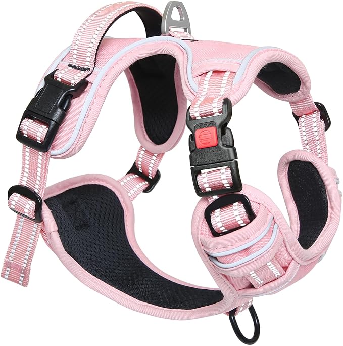 Timos Dog Harness Medium Sized, No Pull Pet Harness with Neck Lockable Snap,No Choke Front Clip Dog Reflective Vest,Adjustable Metal Rings 3 Buckles,Easy Control Handle for Medium Dogs Pink M