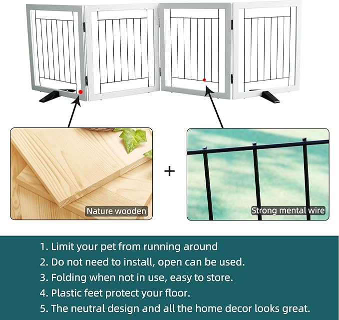ZJSF Freestanding Dog Gate Indoor, Foldable Dog Fence for Doorways,Hallways or Stairs, Sturdy Wood Extra Wide Pet Gate with Support Feet,White,24 "Height-4 Panels
