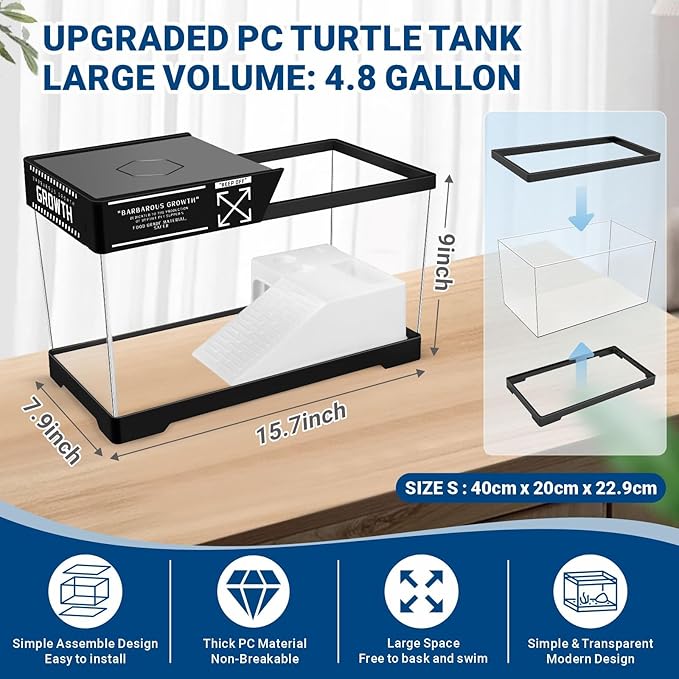 GOZILLA Turtle Tank Kit(Tank+Lamp+Filter), Upgrade PC Turtle Tank Starter Kit with Adjustable Lamp & Filter, Reptile Habitat with Lid, Basking Platform for Small Reptiles.(15.75 × 7.9 × 9''/Black Kit)