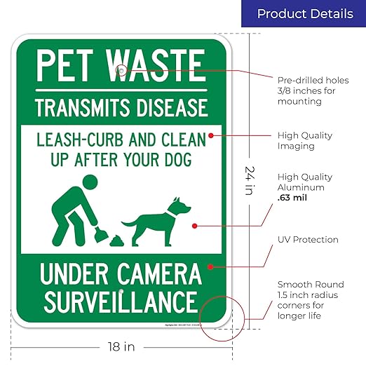 Pet Waste Leash-Curb and Clean Up After Your Dog Under Camera Surveillance Sign, (SI-63188) 18x24 Inches, Rust Free .063 Aluminum, Fade Resistant, Made in USA