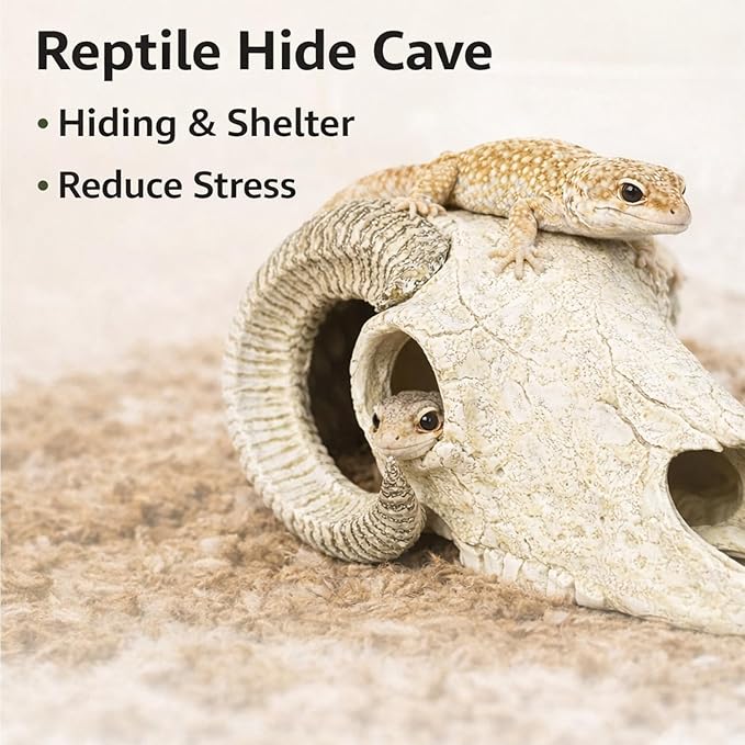 Reptile Hide Cave Decoration, Ram Skull Style Resin Shelter for Gecko, Lizard, Snake and Amphibian, Natural Habitat Decor for Small Reptiles