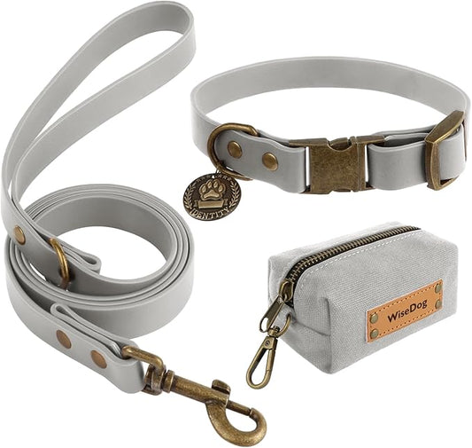 Wisedog Waterproof Dog Collar and Leash Set, Adjustable Puppy Collar with Cute Tag 5FT Dog Leash with Poop Bag for Small Medium Large Dogs (M, Grey)