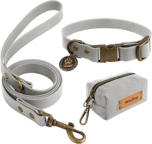 Wisedog Waterproof Dog Collar and Leash Set, Adjustable Puppy Collar with Cute Tag 4FT Dog Leash with Poop Bag for Small Medium Large Dogs (XS, Grey)