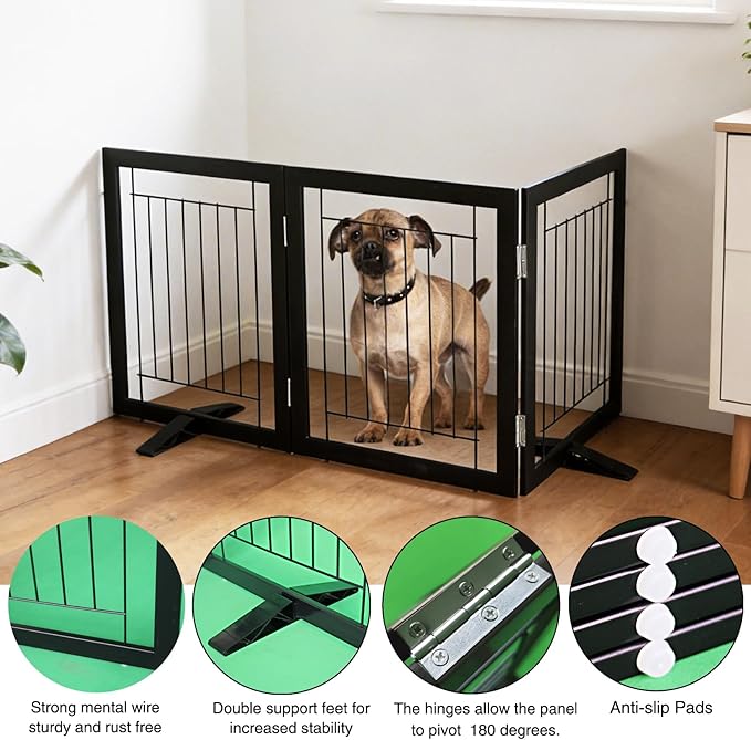 ZJSF Freestanding Dog Gate Indoor, Foldable Dog Fence for Doorways,Hallways or Stairs, Sturdy Wood Extra Wide Pet Gate with Support Feet,Black,24 "Height-3 Panels