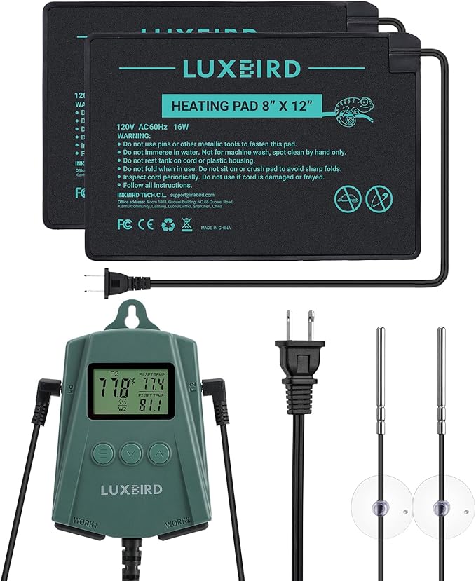 Luxbird Reptile Heating Pad 8x12 Inch with Dual Output Reptile Thermostat LB-2SC Combo Set Under Tank Terrarium Heating Mat for Turtles, Lizards, Frogs, and Other Reptiles