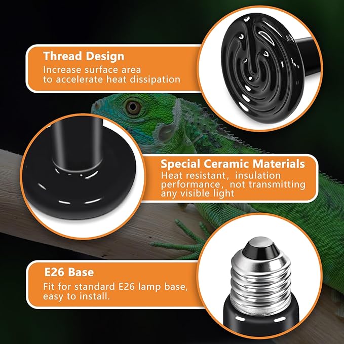 UVA UVB Reptile Light Bulb with Ceramic Heat Emitter Combo, 10.0 26W UVB Light for Bearded Dragon & 2-Pack 75W No-Light Heat Lamp, All-in-One UVB & Heat Source for Reptiles and Amphibians