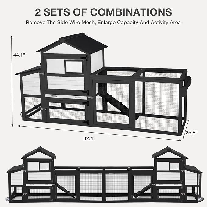 Chicken Coop Outdoor Mobile Chicken House, Expandable Hen House with Wheels, Nesting Box, Leakproof Pull-on Tray and UV-Resistant Roof Panel (White)