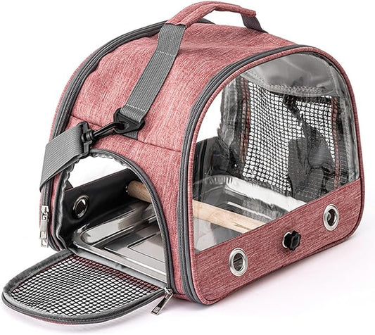 Portable Bird Cage Bird Carriers Foldable Panoramic View with Perch Removable Tray for Parrot Hamster Hedgehog Rabbit Sugar Glider (Light Red)