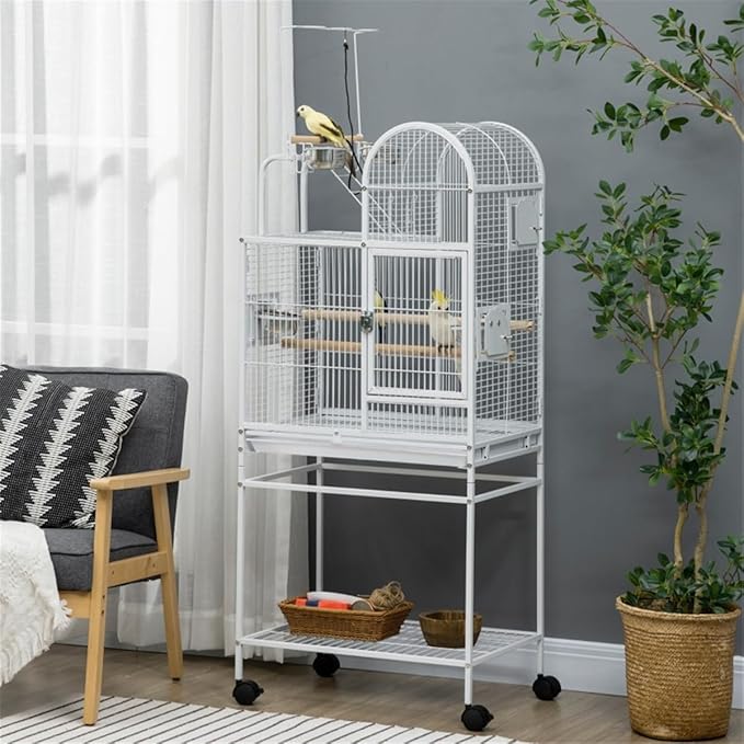 Bird Cage Outer Perch and Ladder,Hooks for Hanging Toys,Two Perches High-Security Latches,Removable Bottom Grate and Slide-Out Tray White