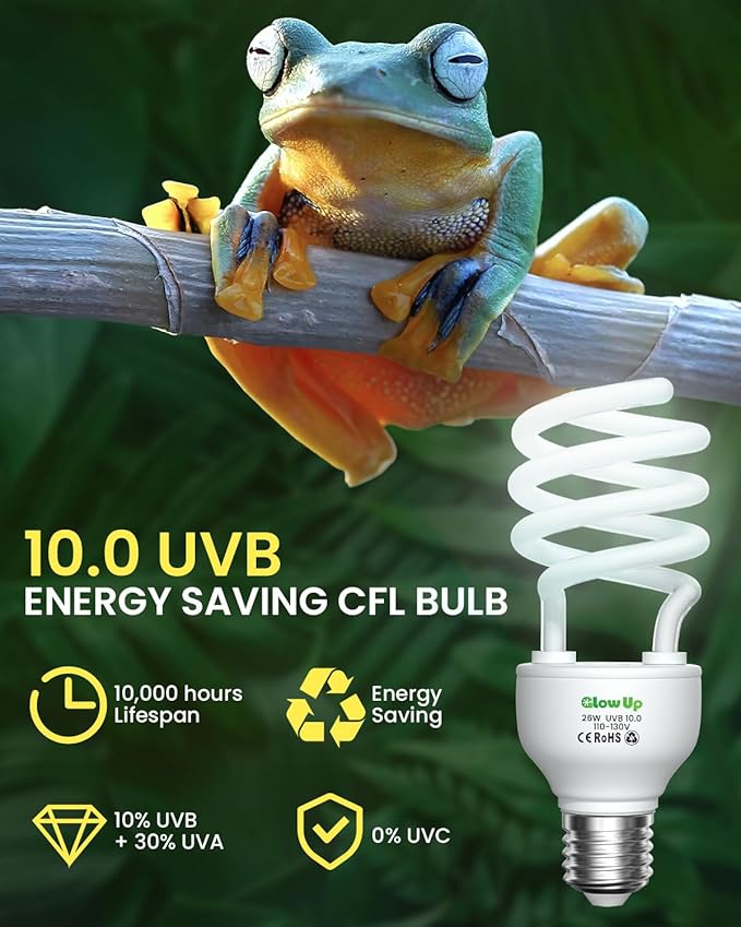 GlowUp UVA UVB Light Bulbs for Reptiles E26 Combo Pack 110V - 100W Reptile Heat Lamp Bulb + 26W 10.0 UVB Bulb Provide Heat, Light, D3 and UV for Bearded Dragon, Tortoise, Lizard