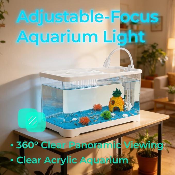 4 Gallon Fish Tank Aquarium Starter Kit with USB LED Light & Quiet Filter, Large Desktop Betta Tank with Decorations, Starter Aquarium for Home Office(Medium White)