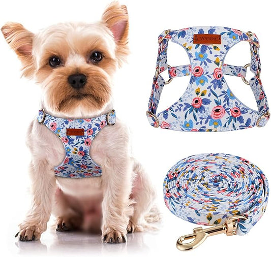 CHEDE No Pull Floral Pattern Dog Harness- Lightweight and Soft Harness, Adjustable Small Dog Harness and Leash Set, with Dog Leash, Suitable for Puppy Small and Medium-Sized Dog (XS, Blue Rose)