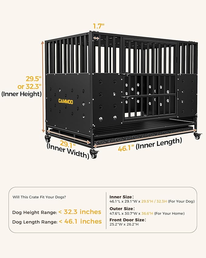Cammoo 48'' Heavy Duty Dog Crate for Large Dogs, – Upgraded Chew-Proof Panels, Comfort-Widened Floor Panel, Dog Kennel Indoor, Adjustable Internal Height, Easy-Access Wide Door, 4 Lockable Wheels