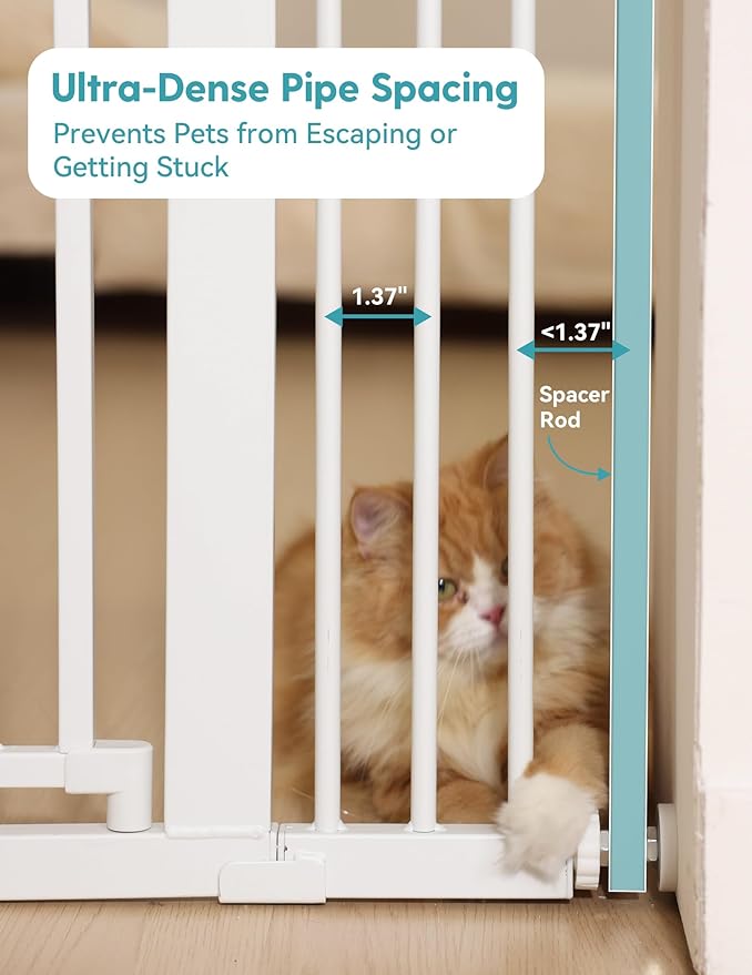 No Pawblems 71" Extra Tall Pet Gate, 29-43" Auto Close Cat Gate for Doorways/Stairs/Hallways, NO Drilling Pressure Mounted Tall Dog Gate, 1.37" Ultra Narrow Spacing, White