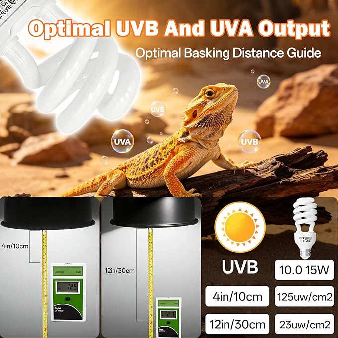 UVB Light for Reptiles 10.0: Bearded Dragon UVB Light for Desert Habitats,15W UVA UVB Reptile Light Bulb for Lizards Tortoises,Terrarium Compact Fluorescent Lamp-UVB Bulbs with Free UV Sensor Card