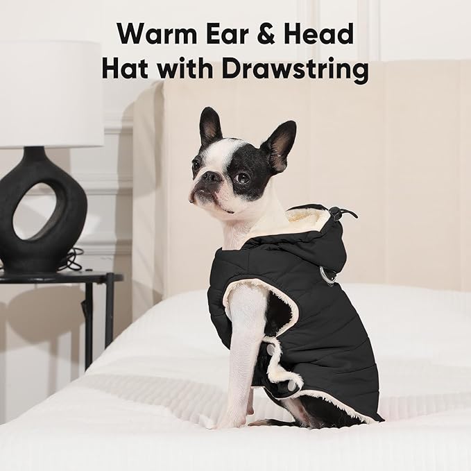 Vecomfy Fleece Lining Dog Hoodie with Harness Built in,Extra Warm Small Dog Jacket in Winter Puppy Coats with Drawstring Hooded,Black S