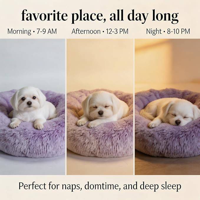 Calming Donut Dogs Beds for Small Dogs Washable,23inch Plush Round Pet Bed for Cozy Sleep,Fluffy Faux Fur Large Cat Bed,Fits up to 25 lbs Pets,Gradient Purple