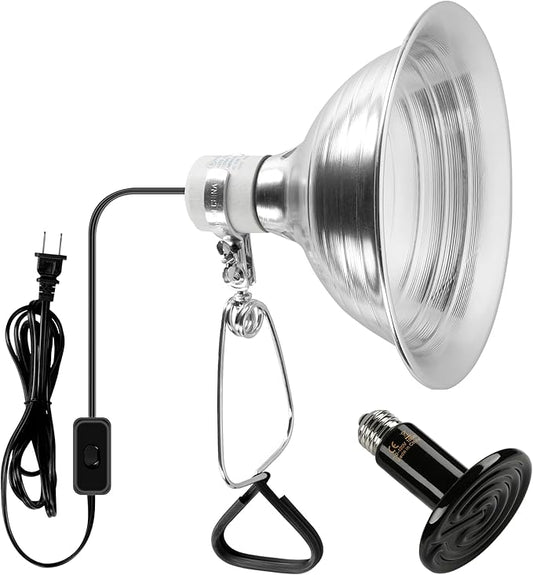 Simple Deluxe 100W Reptile Ceramic Heat Lamp Bulb and 150W Clamp Light with 8.5 Inch Reflector for Amphibian Pet, Silver 2024 Version