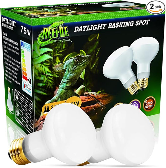 Reptile Heat Lamp 75W, 2 Pack Daylight UVA Basking Light Bulbs with E26 Base for Lizards, Turtles, Snakes and Amphibians