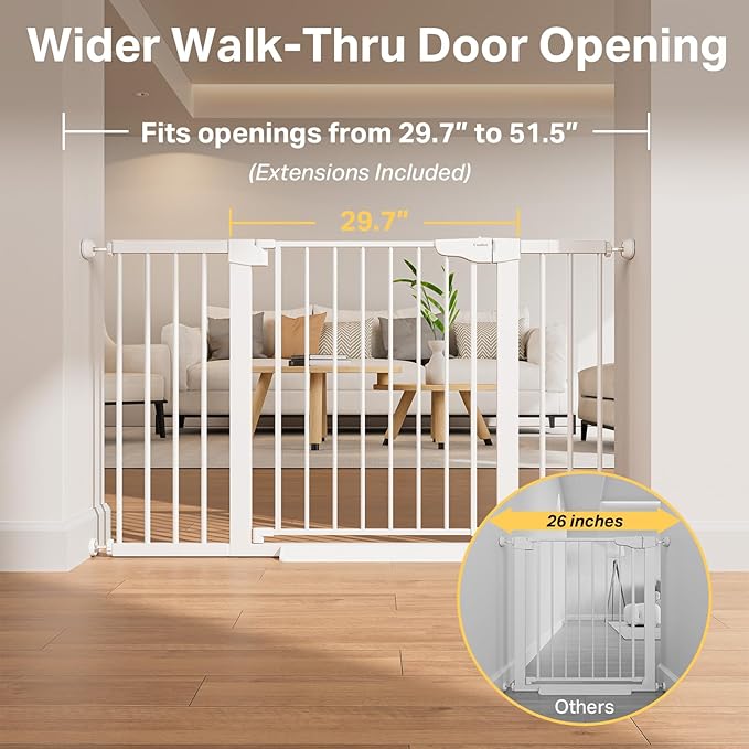 Cumbor 2 Pack 29.7-51.5" Extra Wide Baby Gate for Stairs, Easy Walk Through Dog Gates for Doorways, Pressure Mounted Pet Gate Indoor, Safety Auto-Close Child Gate for Kids with 4 Wall Cups, White