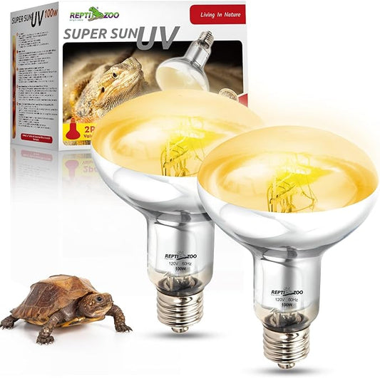 REPTI ZOO 2PACK Reptile Heat Lamp Bulb, 100W Full Spectrum UVA UVB Sun Lamp, Self-Ballasted Vapor Basking Lamp for Bearded Dragon Gecko Lizard Snake Chameleons Turtle Chicken