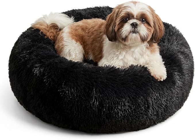 Calming Donut Dogs Beds for Small Dogs Washable,23inch Plush Round Pet Bed for Cozy Sleep,Fluffy Faux Fur Large Cat Bed,Fits up to 25 lbs Pets,Black