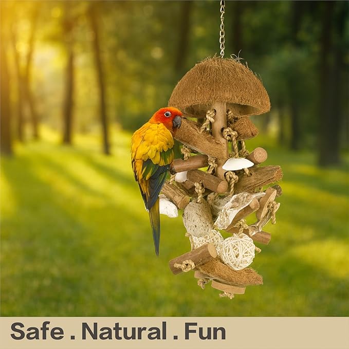 Bird Toys with Natural Coconut Shell - 18in Handmade Hanging Shredding & Foraging Toy with Wood Blocks, Lava Stones, Parrot Toys for Cockatiels, Conures, Parakeets