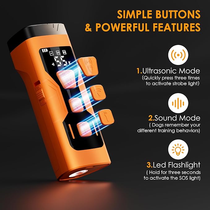 Dog Bark Deterrent Devices, 3X Ultrasonic Anti Barking Device for Dogs, 4 Frequencies 5 Training Modes 65ft Safer Alternatives to Bark Collars, Portable Design with Display for All Dogs (Orange)