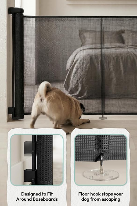 15.7" H Mesh Short Dog Gate, Extends Up to 59" W Retractable Pet Gate with Drill Installation, Small Dog Gate for Stairs, Easy Step Over Low Puppy Gate for Doorways Indoor Outdoor, Black