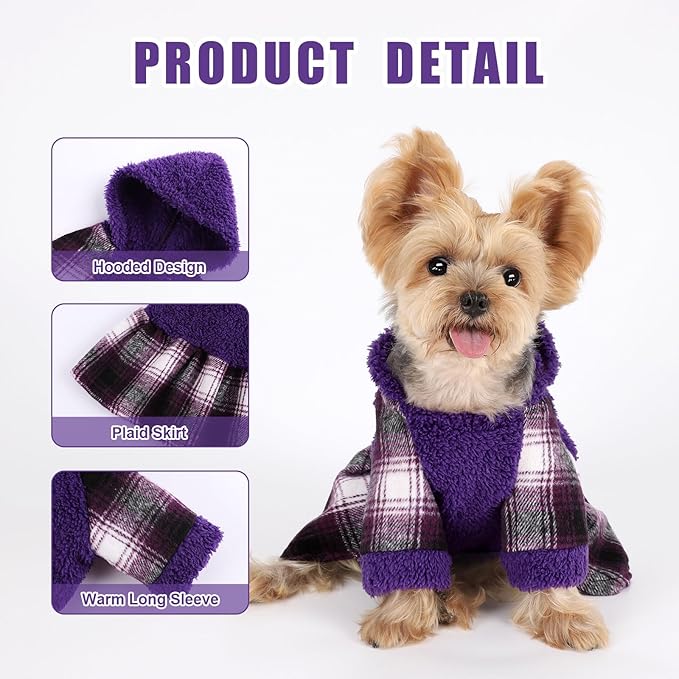 DaFuEn Dog Sweater,Dog Dress, Dog Sweaters Dresses for Small Dogs,Cute Warm Fleece Hooded Sweater for Small Dogs, Plaid Puppy Dresses Clothes Chihuahua Yorkie Cat Apparel （Purple,XXS