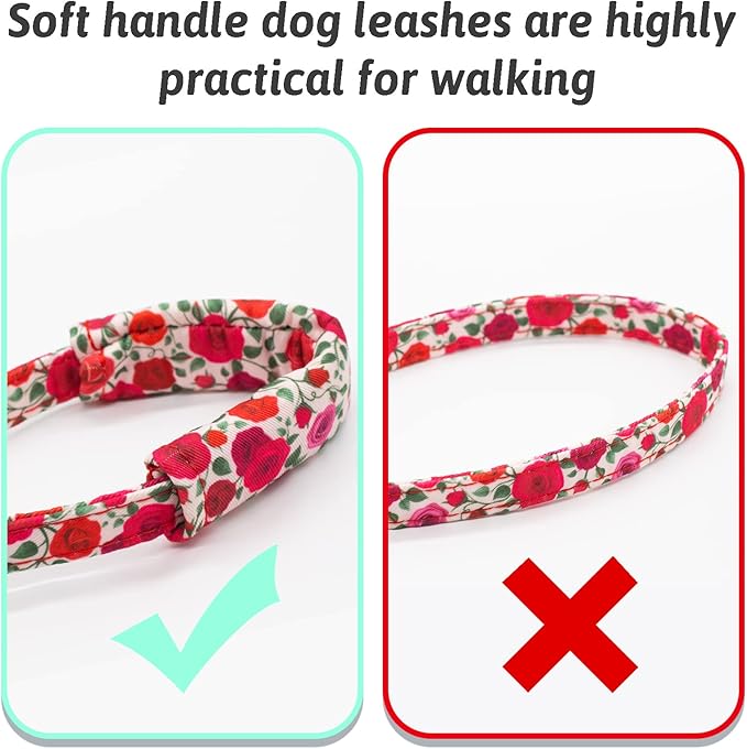 Dog Collar and Leash Set Girls Adjustable Puppy Collars with Floral Bow Tie for Small Medium Large Female Dogs, Red Rose, L