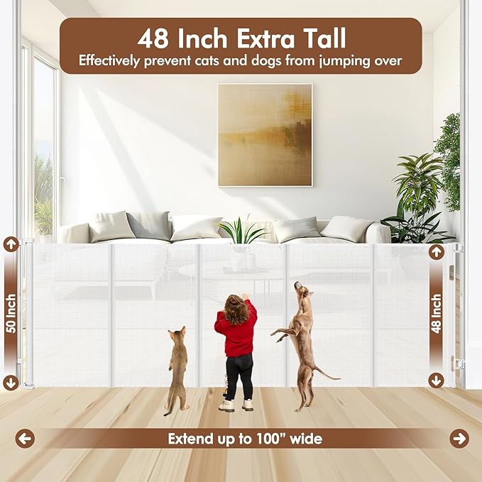 Reinforced 48" Extra Tall X 100" Extra Long Baby Gates for Wide Openings Retractable Baby Gates Extra Wide Dog Gates Indoor Mesh Gates for Dogs Tall Pet Gates for Doorways Mesh Cat Gate, White