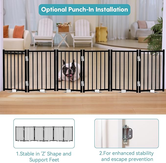 No Pawblems Free Standing Short Dog Gate, 16.5'' Tall Foldable Dog Fence for Indoor & Outdoor, Up to 72 Inch Extra Wide Puppy Gate for Stairs, Hallways, Doorways, Deck, Yard (Black, 6 Panels)