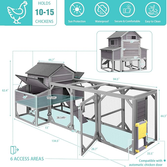 Suumerpety 55 sq.ft Large Outdoor Chicken Coop with Run - Multi-Level Hen House, Weatherproof Roof, Predator-Resistant Design & 6 Nesting Boxes for 10-15 Chickens